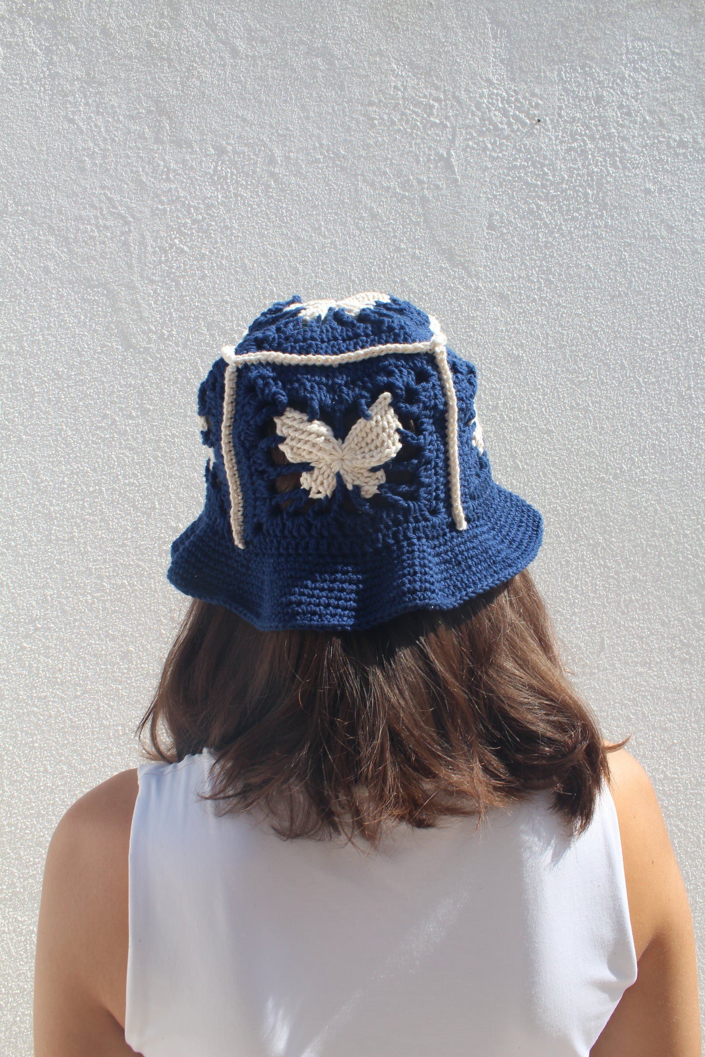 Crochet Butterfly Bucket Hat (Navy blue with beige)