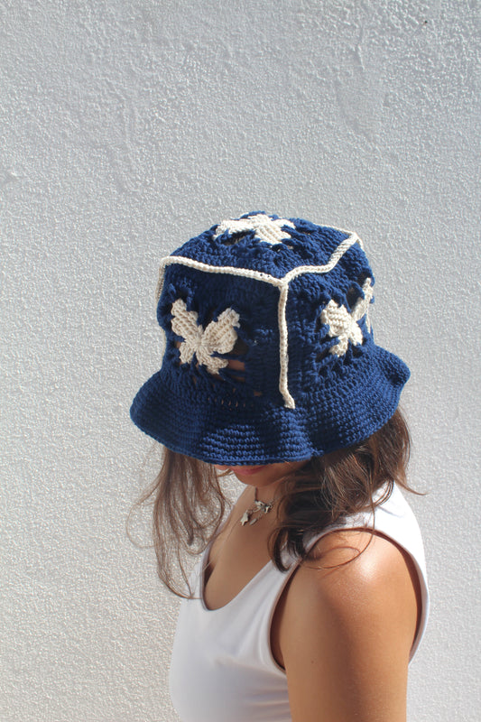 Crochet Butterfly Bucket Hat (Navy blue with beige)