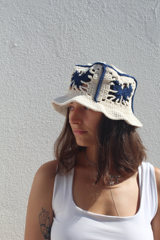 Crochet Butterfly Bucket Hat (Beige with navy blue)