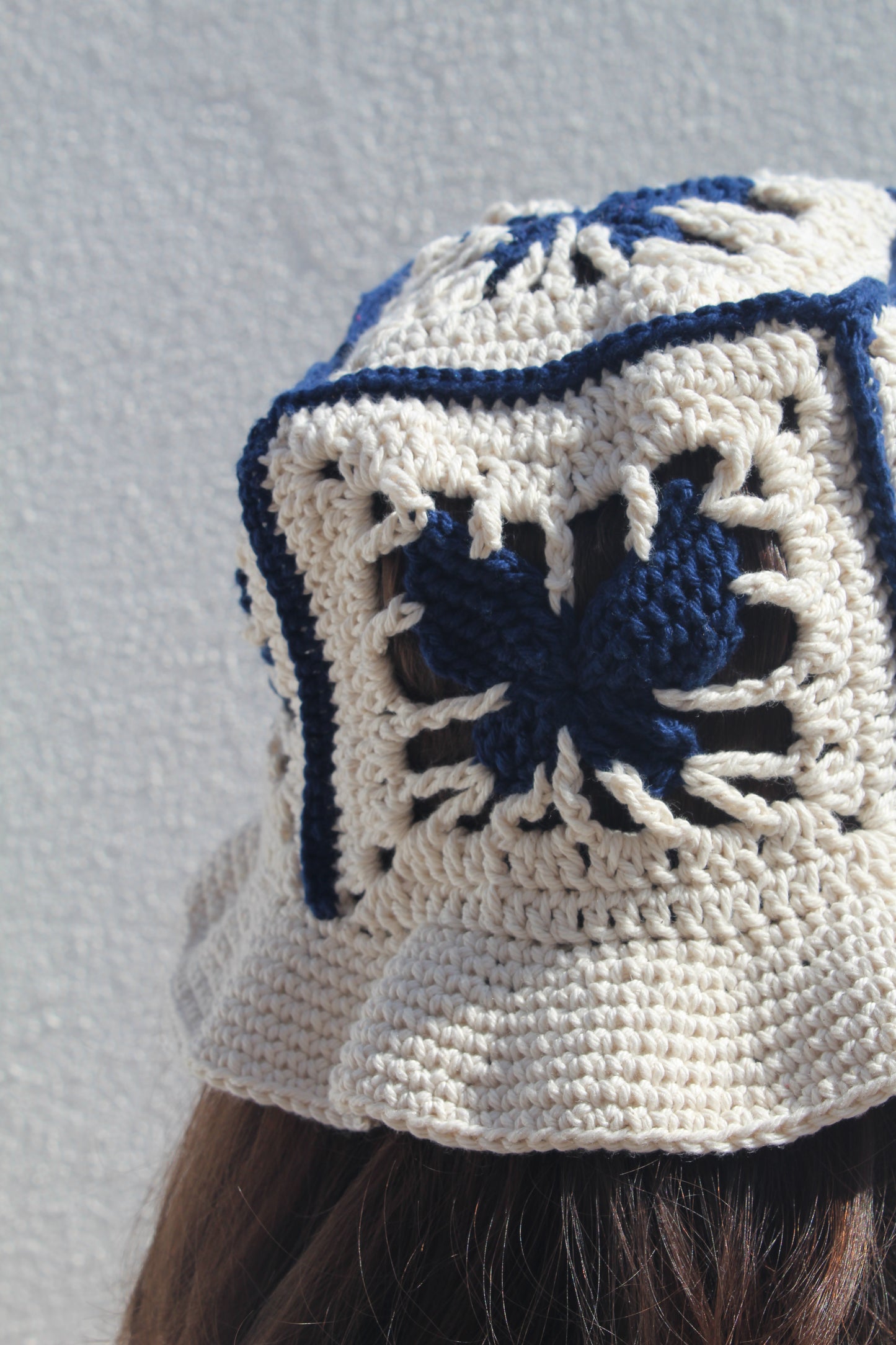 Crochet Butterfly Bucket Hat (Beige with navy blue)