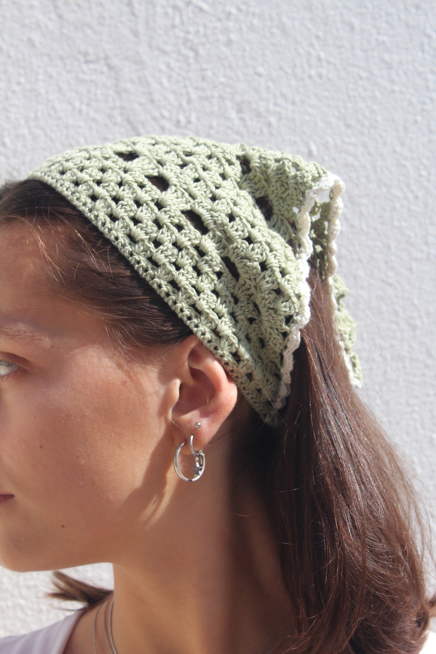 Crochet Headscarf (Sage green with cream)