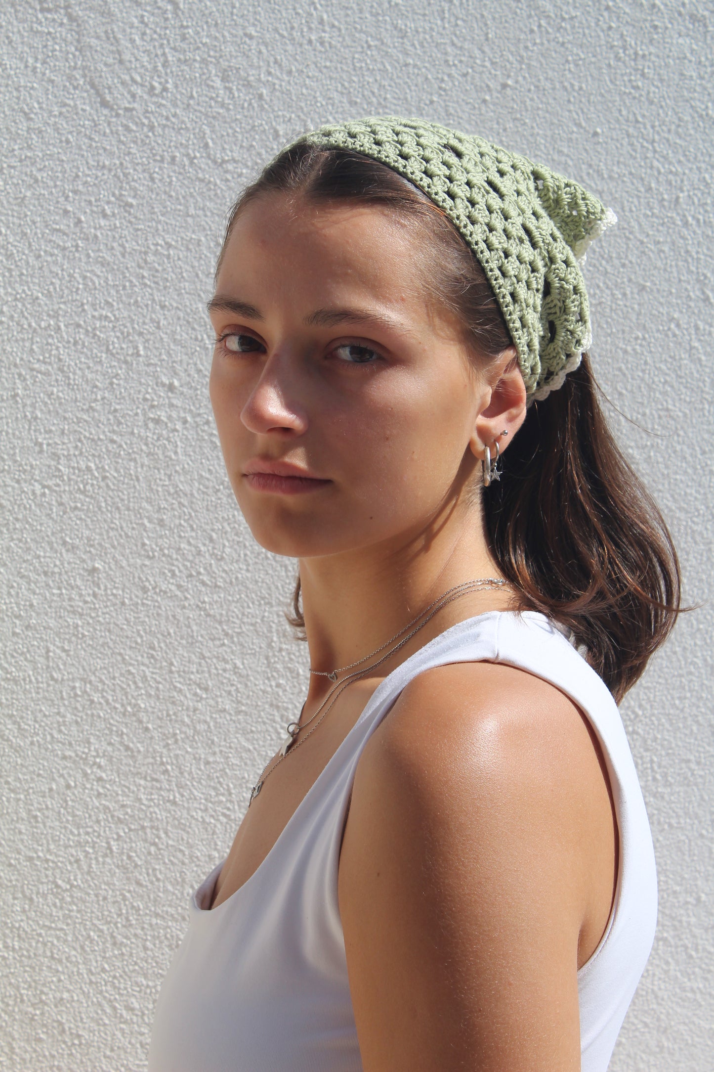 Crochet Headscarf (Sage green with cream)
